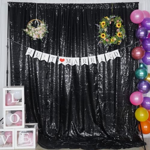 Black Sparkly Satin Sequin Backdrop Curtain 10FT x 10FT in 10FT X 10FT in Black, alternate view 3
