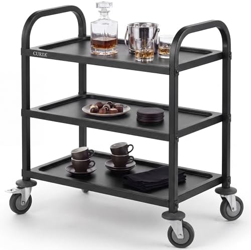 Black Stainless Steel Serving Cart, 3-Tier Rolling Utility Trolley (30"x16"x33"), Heavy Duty Painted Kitchen