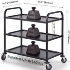 Black Stainless Steel Serving Cart, 3-Tier Rolling Utility Trolley (38"x20"x37"), Heavy Duty Painted Kitchen, alternate view
