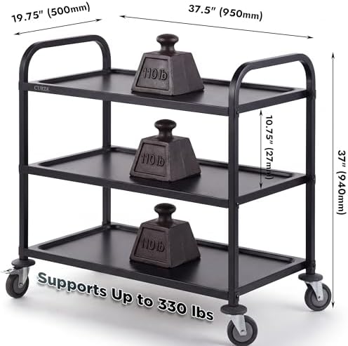 Black Stainless Steel Serving Cart, 3-Tier Rolling Utility Trolley (38"x20"x37"), Heavy Duty Painted Kitchen, alternate view