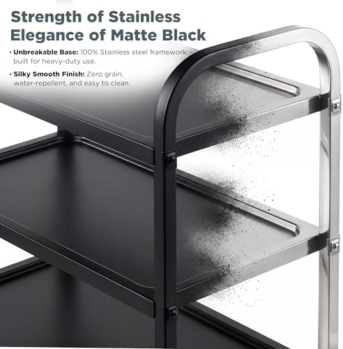 Black Stainless Steel Serving Cart, 3-Tier Rolling Utility Trolley (38"x20"x37"), Heavy Duty Painted Kitchen, alternate view