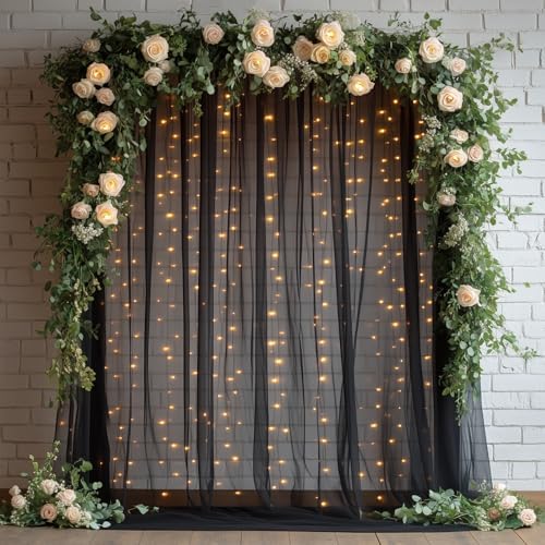 Black Tulle Backdrop Curtain with Lights for Decor, 10x8FT in 10x8FT