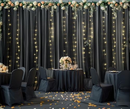 Black Tulle Backdrop Curtain with Lights String for Parites 20ft×10ft Black Sheer Backdrop Curtains for Baby, alternate view