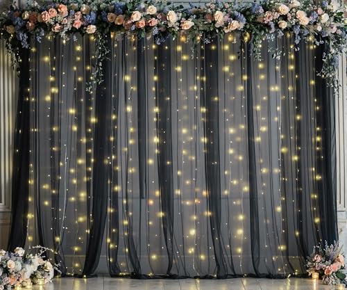 Black Tulle Backdrop Curtain with Lights String for Parites 20ft×8ft Black Sheer Backdrop Curtains for Baby