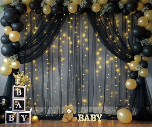 Black Tulle Backdrop Curtain with Lights String for Parites 20ft×8ft Black Sheer Backdrop Curtains for Baby, alternate view 3