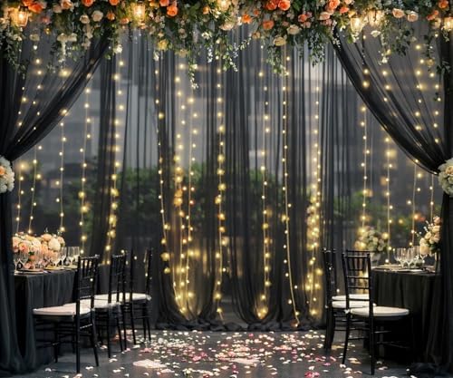 Black Tulle Backdrop Curtain with Lights String for Parites 20ft×8ft Black Sheer Backdrop Curtains for Baby, alternate view 5