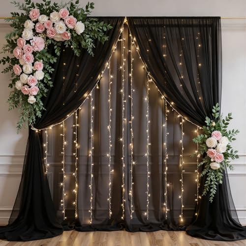 Black Tulle Backdrop Curtain with String Lights, 10x8ft Sheer Black Backdrop Curtain for Photography, Gothic
