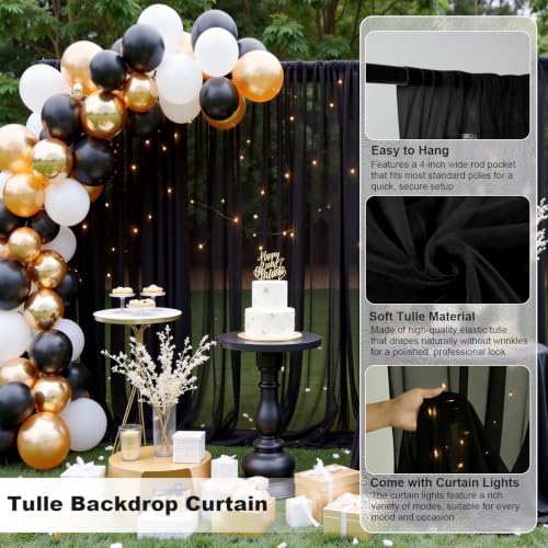 Black Tulle Backdrop Curtain with String Lights, 10x8ft Sheer Black Backdrop Curtain for Photography, Gothic, alternate view