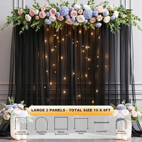 Black Tulle Backdrop Curtain with String Lights, 10x8ft Sheer Black Backdrop Curtain for Photography, Gothic, alternate view