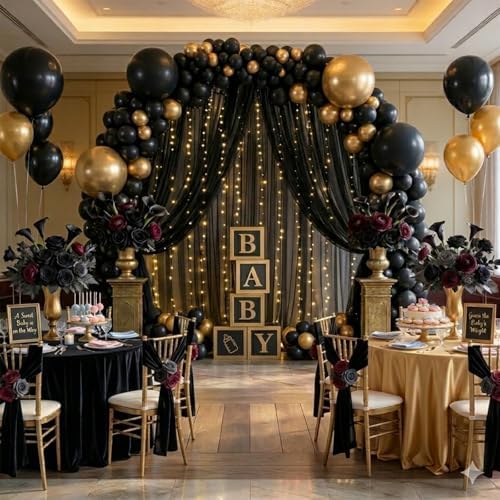 Black Tulle Backdrop Curtain with String Lights, 10x8ft Sheer Black Backdrop Curtain for Photography, Gothic, alternate view