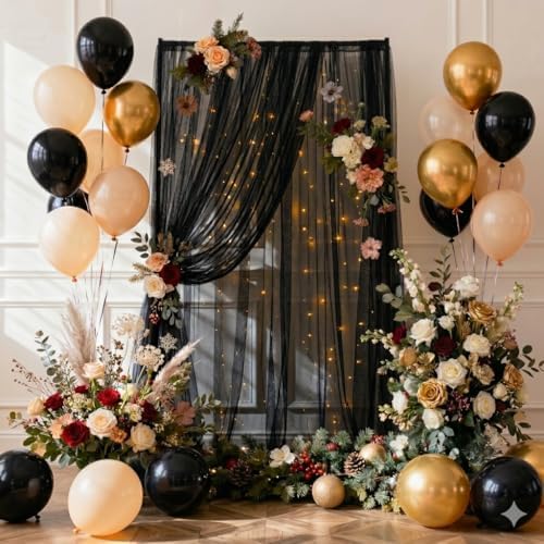 Black Tulle Backdrop Curtain with String Lights, 10x8ft Sheer Black Backdrop Curtain for Photography, Gothic, alternate view