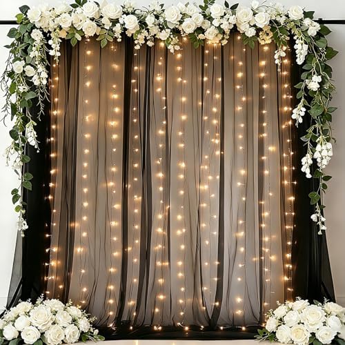 Black Tulle Backdrop Curtains with Lights String for Party in Black