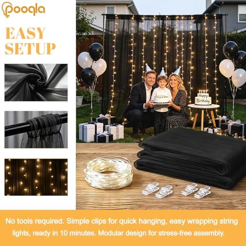 Black Tulle Backdrop Curtains with Lights String for Party in Black, alternate view 2