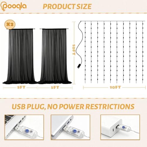 Black Tulle Backdrop Curtains with Lights String for Party in Black, alternate view 4