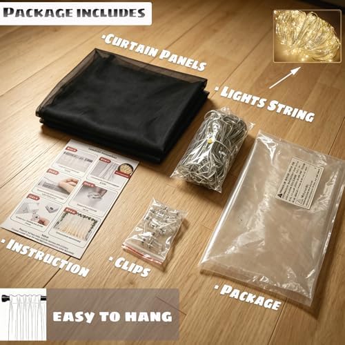 Black Tulle Backdrop Curtains with Lights String for Party in Black, alternate view 5