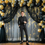 Black Tulle Backdrop Curtains with Lights String for Party in Black, alternate view 6