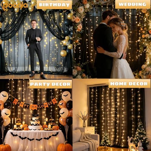Black Tulle Backdrop Curtains with Lights String for Party in Black, alternate view 7
