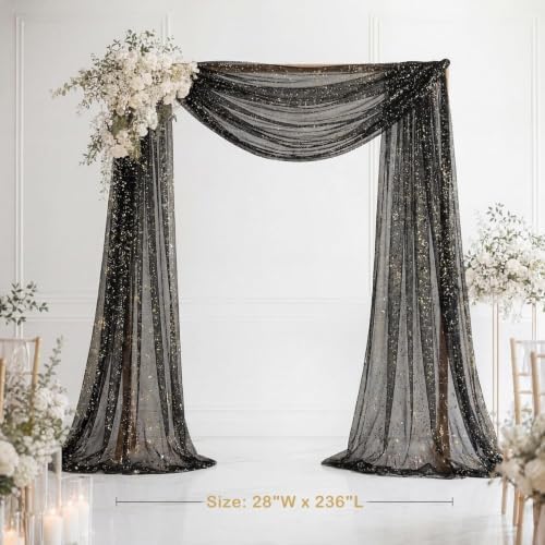 Black Wedding Arch Draping Fabric 1 Panel 28" x 20FT, Glitter Sheer Backdrop Drapes for Wedding Ceremony, alternate view 3