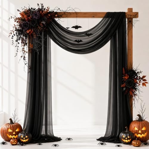 Black Wedding Arch Draping Fabric Sheer Curtain Drapes 2 Panels | 20 ft Halloween Extra Long Shimmery Backdrop