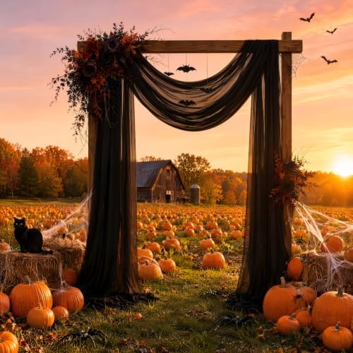 Black Wedding Arch Draping Fabric Sheer Curtain Drapes 2 Panels | 20 ft Halloween Extra Long Shimmery Backdrop, alternate
