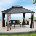Blazar 10'x12' Outdoor Hardtop Gazebo with Vertical Stripes Galvanized Steel Double Roof, Nettings and Curtains