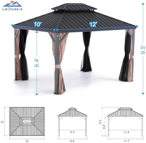 Blazar 10'x12' Outdoor Hardtop Gazebo with Vertical Stripes Galvanized Steel Double Roof, Nettings and Curtains, alternate