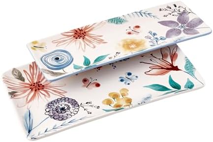 Blossom Symphony Ceramic 14 inch Rectangular Serving Platter, Set of 2, for Serving Salad, Pasta, Cheese, Ham