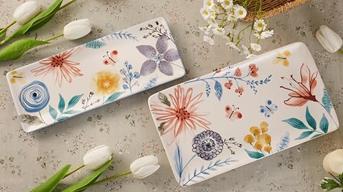 Blossom Symphony Ceramic 14 inch Rectangular Serving Platter, Set of 2, for Serving Salad, Pasta, Cheese, Ham, alternate view