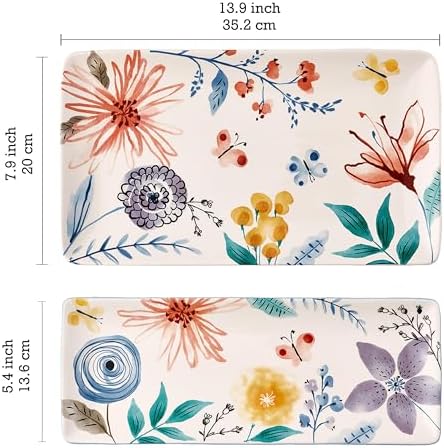 Blossom Symphony Ceramic 14 inch Rectangular Serving Platter, Set of 2, for Serving Salad, Pasta, Cheese, Ham, alternate view