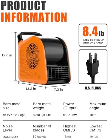 Blower Fan 185° Rotatable 3‐Speed Air Mover with 2 AC Outlets, Orange, alternate view 3
