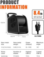 Blower Fan 185° Rotatable 3‐Speed Utility Air Mover with 2‐AC‐Outlet, Black in Black, alternate view 3