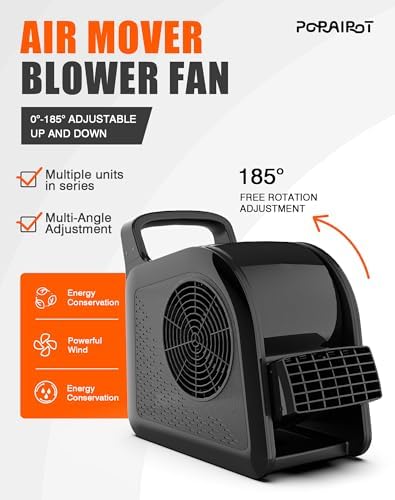 Blower Fan 185° Rotatable 3‐Speed Utility Air Mover with 2‐AC‐Outlet, Black in Black, alternate view 4