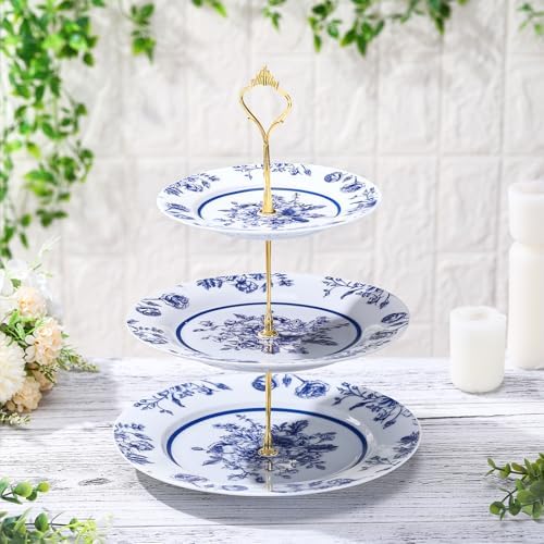 Blue and White Chinoiserie 3 Tier Ceramic Dessert Stand Tray in Blue and White
