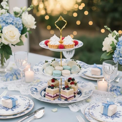 Blue and White Chinoiserie 3 Tier Ceramic Dessert Stand Tray in Blue and White, alternate view 3
