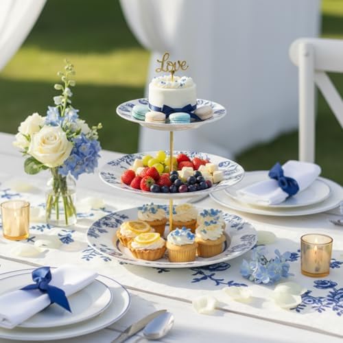 Blue and White Chinoiserie 3 Tier Ceramic Dessert Stand Tray in Blue and White, alternate view 4