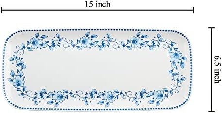Blue and White Floral Melamine Serving Tray, 15 x 6.5 Inch Rectangular Serving Platter, BPA Free Food Tray for, alternate