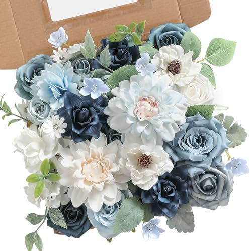 Blue Artificial Flowers Combo Box Set Silk Flowers Fake Rose for DIY Floral Arrangements Wedding Bouquets