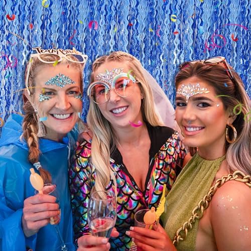 Blue Backdrop Wavy Tinsel Foil Fringe Curtains for Parties Sparkle Metallic Wavy Blue Birthday Decorations for, alternate
