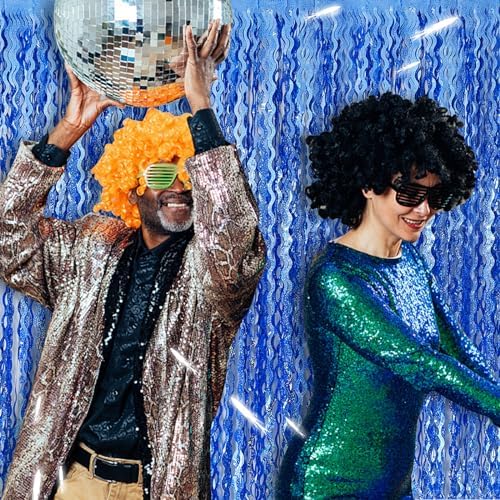 Blue Backdrop Wavy Tinsel Foil Fringe Curtains for Parties Sparkle Metallic Wavy Blue Birthday Decorations for, alternate