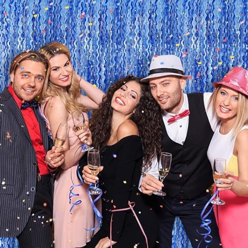 Blue Backdrop Wavy Tinsel Foil Fringe Curtains for Parties Sparkle Metallic Wavy Blue Birthday Decorations for, alternate