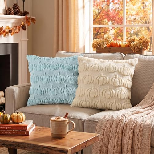 Blue Beige Fall Pumpkin Throw Pillow Covers 18x18 Inch in 18x18 Inch, alternate view 2