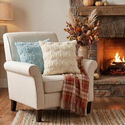 Blue Beige Fall Pumpkin Throw Pillow Covers 18x18 Inch in 18x18 Inch, alternate view 4