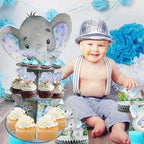 Blue Elephant Cupcake Stand Baby Boy Baby Shower Decorations 3 Tiered Dessert Cake Table Displays Eelephant, alternate view 2