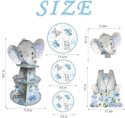 Blue Elephant Cupcake Stand Baby Boy Baby Shower Decorations 3 Tiered Dessert Cake Table Displays Eelephant, alternate view 3