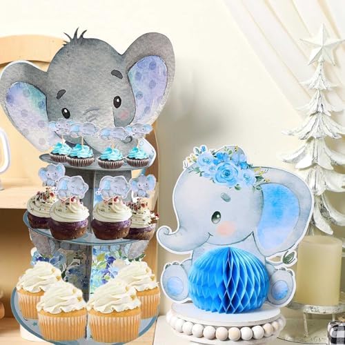 Blue Elephant Cupcake Stand Baby Boy Baby Shower Decorations 3 Tiered Dessert Cake Table Displays Eelephant, alternate view 5