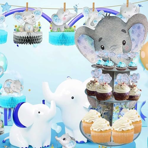 Blue Elephant Cupcake Stand Baby Boy Baby Shower Decorations 3 Tiered Dessert Cake Table Displays Eelephant, alternate view 6