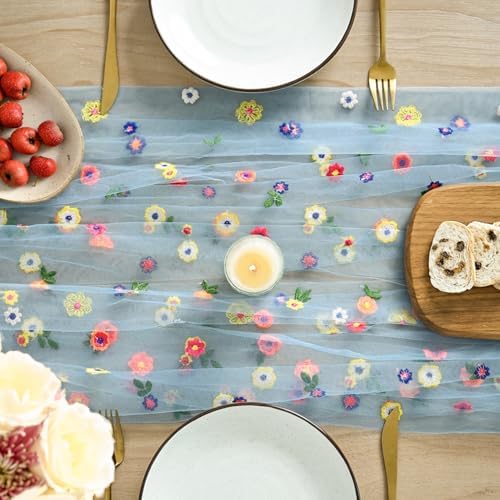 Blue Embroidery Daisy Gauze Table Runner 59x120 Inch 10FT in 59" x 120" in Blue, alternate view 2