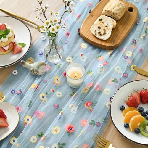 Blue Embroidery Daisy Gauze Table Runner 59x120 Inch 10FT in 59" x 120" in Blue, alternate view 3