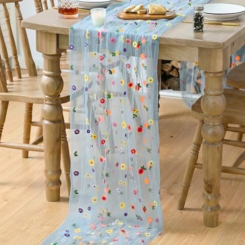 Blue Embroidery Daisy Gauze Table Runner 59x120 Inch 10FT in 59" x 120" in Blue, alternate view 4