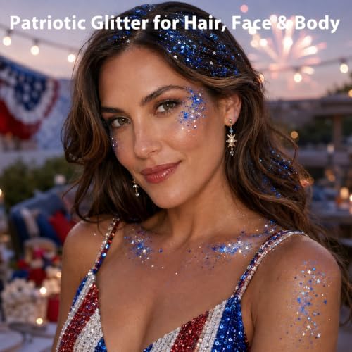 Blue Face Hair Body Glitter Stick,4th of July Accessories and Outfits for Women Girls Kids, USA Flag Makeup for, alternate